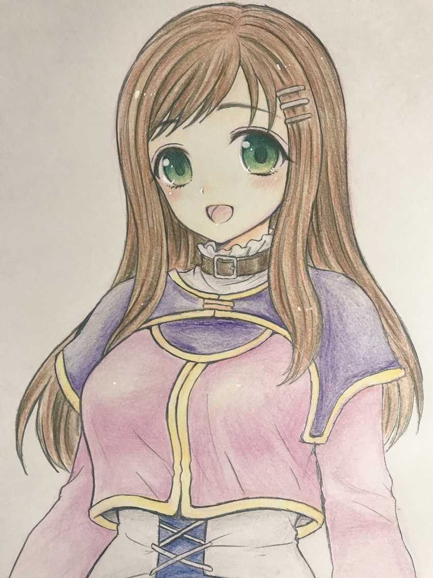 1girl, blush, breasts, brown_hair, cross-laced_clothes, green_eyes, hair_ornament, hairclip