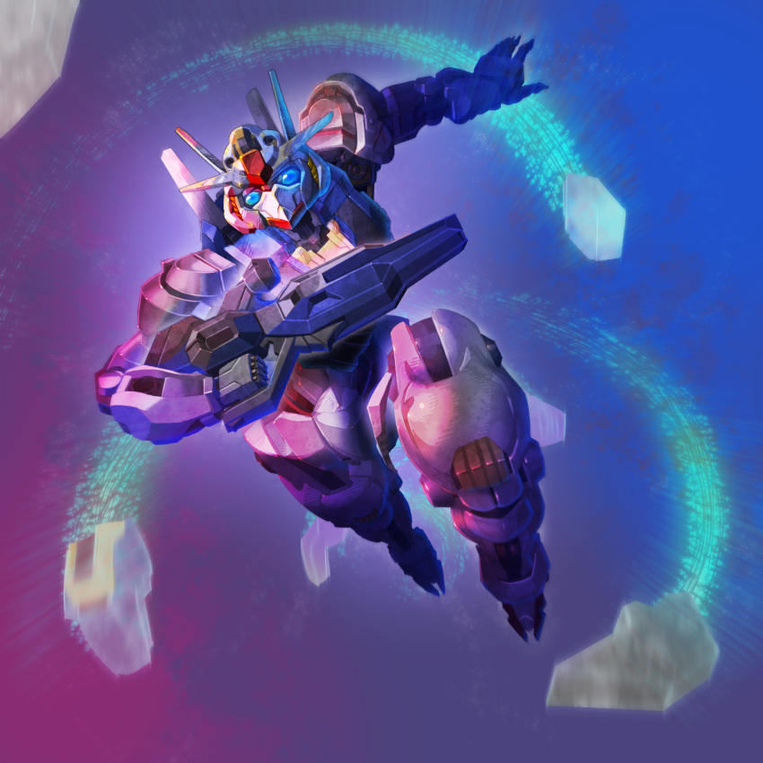 beam_rifle, bit_(gundam), blue_background, blue_eyes, energy_gun, english_commentary, full_body, funnels_(gundam), gun, gundam, gundam_aerial, gundam_suisei_no_majo, highres, holding, holding_gun, holding_weapon, mecha, no_humans, paper_bot, purple_background, robot, solo, two-tone_background, v-fin, weapon