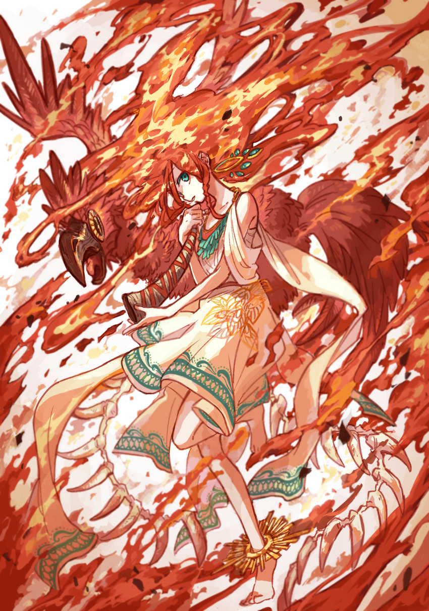 1girl, absurdres, anklet, aqua_eyes, barefoot, bird, bone, braid
