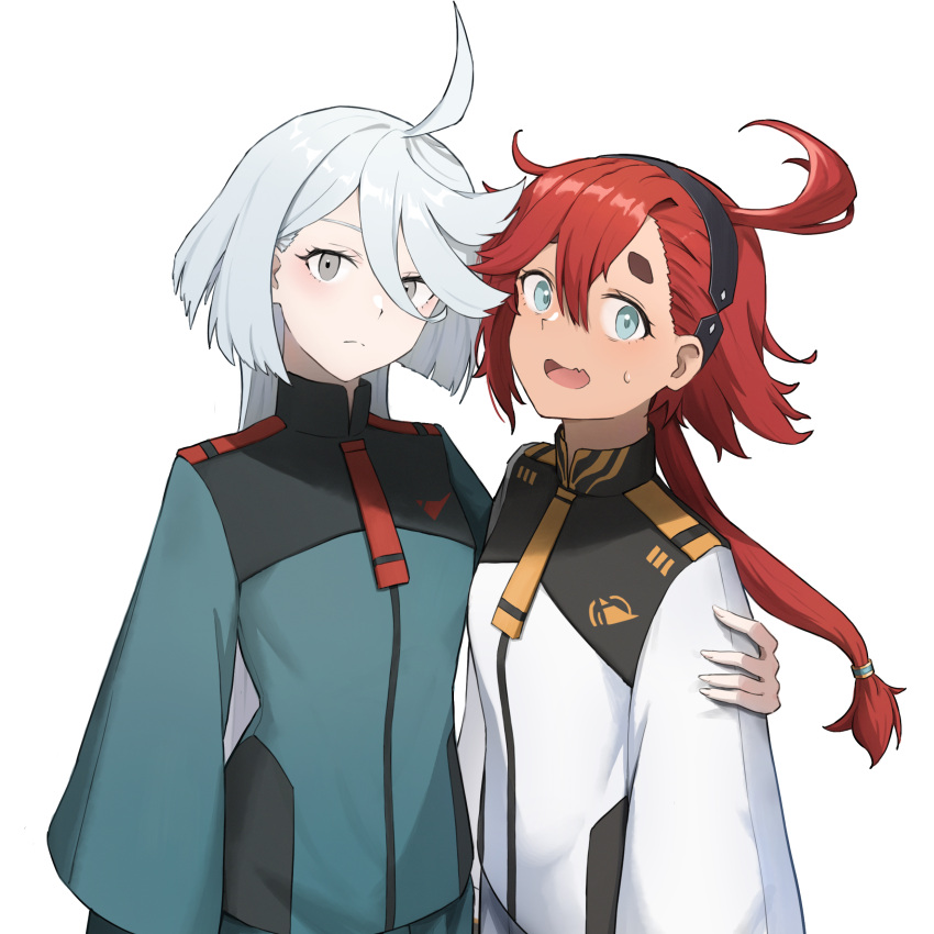 2girls, absurdres, ahoge, aqua_eyes, black_hairband, fang, green_jacket, grey_eyes