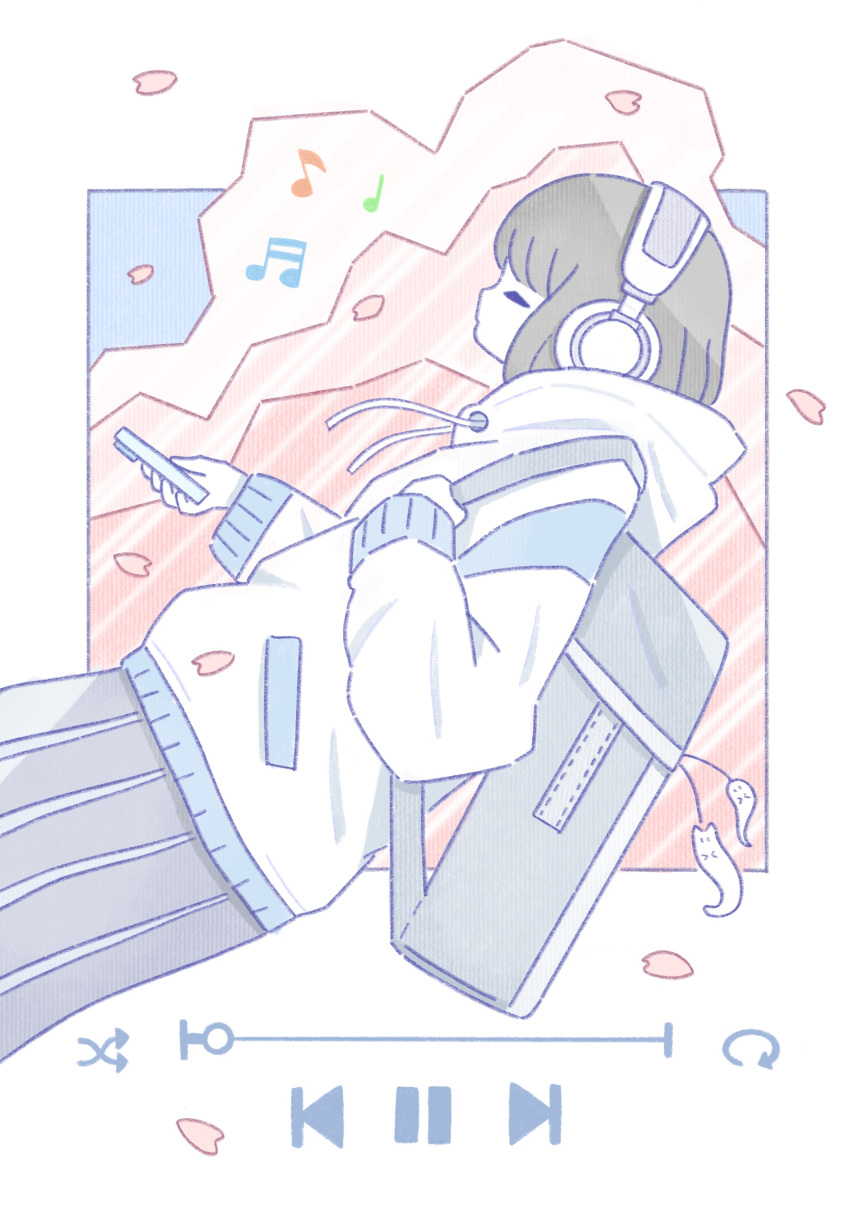 1girl, backpack, bag, bag_charm, beamed_sixteenth_notes, brown_hair, charm_(object), commentary, digital_media_player, grey_hair, headphones, highres, hood, hood_down, hoodie, musical_note, omochi_noa, original, pause_button, petals, quarter_note, standing, symbol-only_commentary, white_hoodie