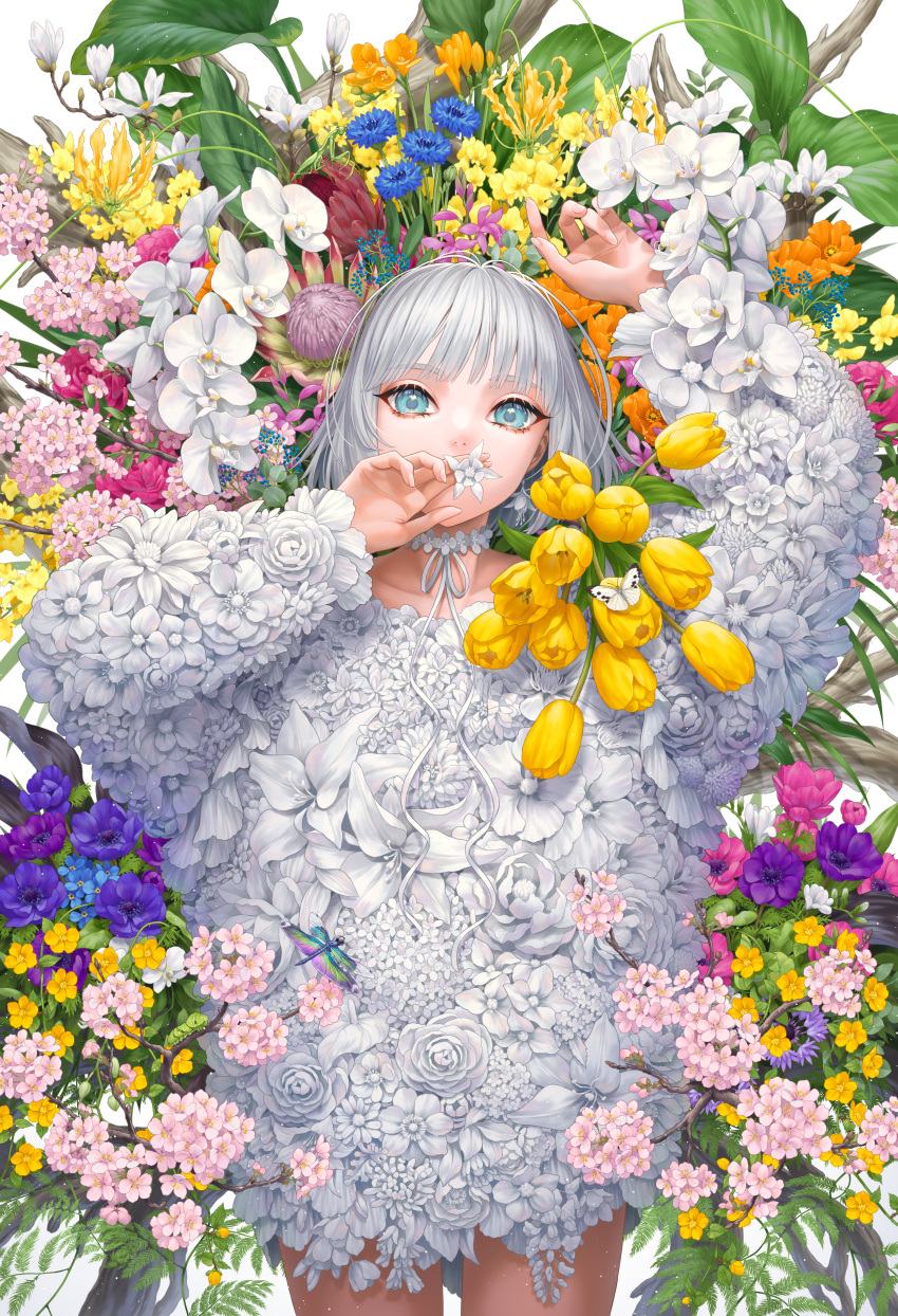 1girl, absurdres, anemone_(flower), bangs, blue_eyes, blue_flower, blunt_bangs, bob_cut