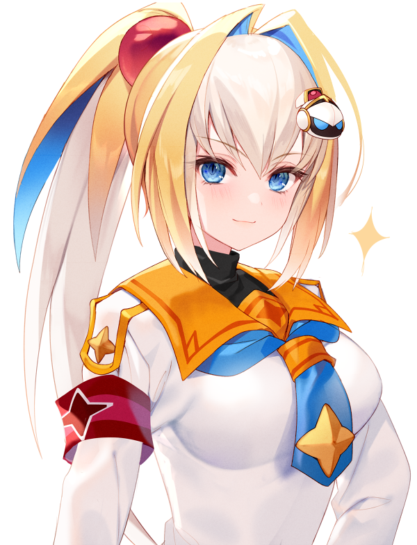 1girl, armband, blonde_hair, blue_eyes, blue_hair, blue_necktie, bombergirl, breasts