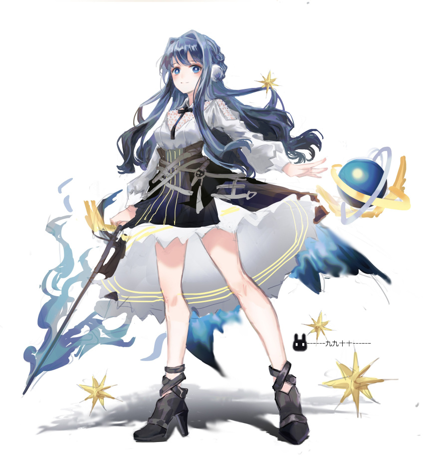 1girl, absurdres, arknights, astesia_(arknights), blue_eyes, blue_hair, celestial_globe, clothes_lift, cuncao258, fire, flame, full_body, gold_trim, gradient, high_heels, highres, holding, holding_sword, holding_weapon, layered_skirt, long_sleeves, looking_at_viewer, shadow, shirt, skirt, skirt_lift, solo, standing, star_(symbol), sword, weapon, white_background, white_shirt, winged_sword