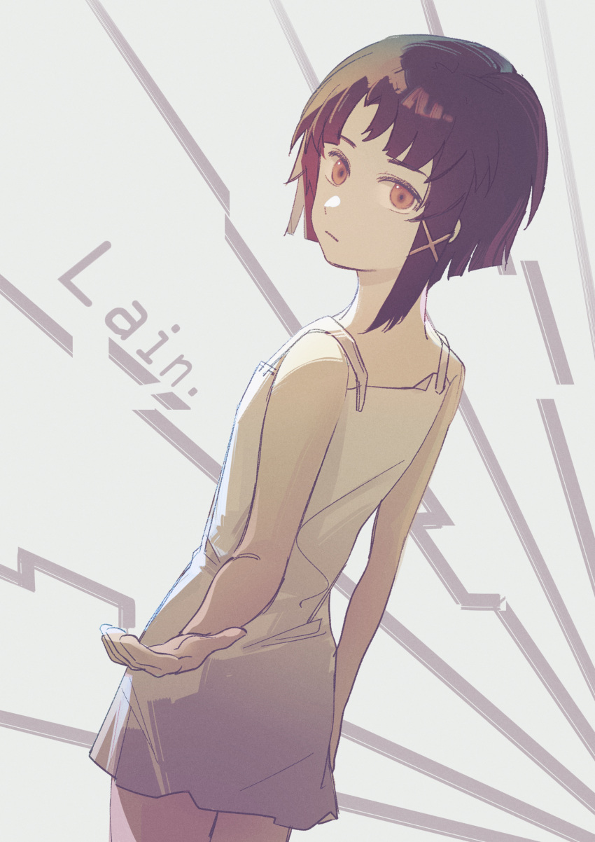 1girl, absurdres, asymmetrical_hair, bangs, brown_eyes, brown_hair, camisole, ganezugarrrrr, hair_ornament, hairclip, highres, iwakura_lain, looking_at_viewer, serial_experiments_lain, short_hair, single_sidelock, x_hair_ornament
