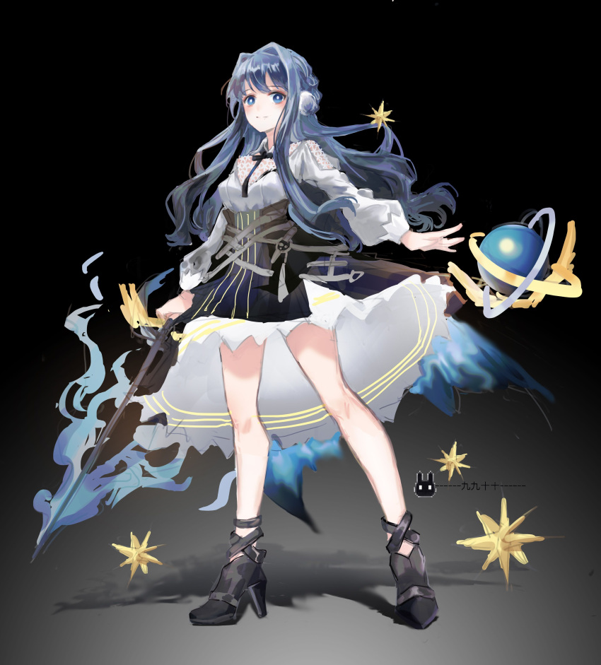 1girl, absurdres, arknights, astesia_(arknights), black_background, blue_eyes, blue_hair, celestial_globe