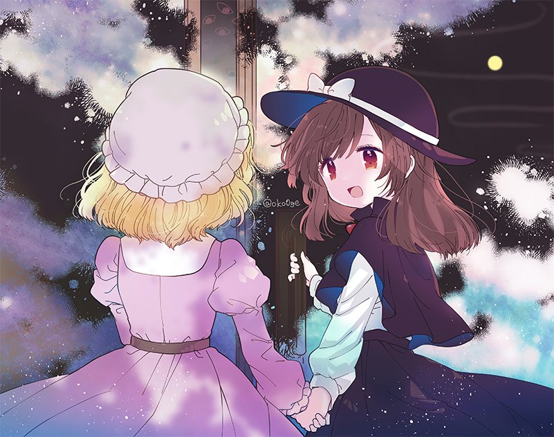 2girls, bangs, belt, biyon, black_capelet, black_headwear, black_skirt, blonde_hair