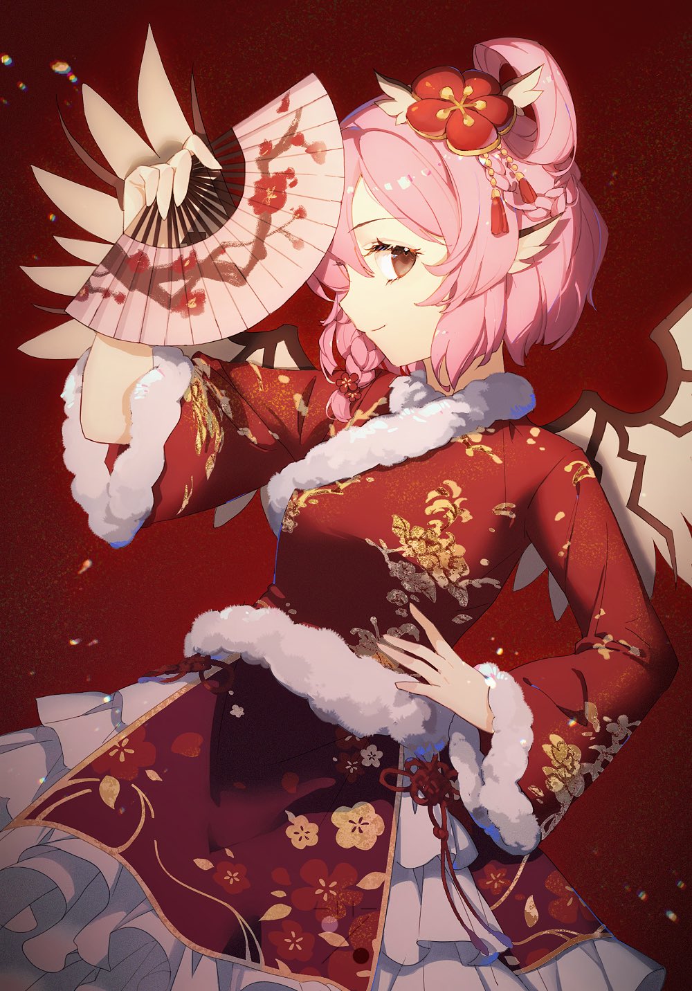 1girl, 8bupolbwaxx2mve, animal_ears, bird_ears, bird_wings, braid, brown_eyes, closed_mouth