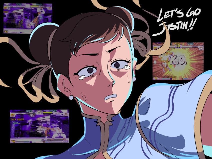 1boy, 1girl, blonde_hair, boots, brown_eyes, brown_hair, chun-li, cleavage_cutout