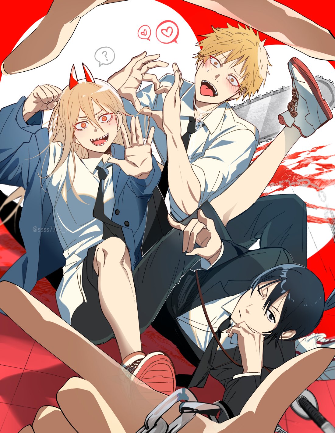 ?, black_hair, black_necktie, blazer, blonde_hair, blush, chain, chainsaw