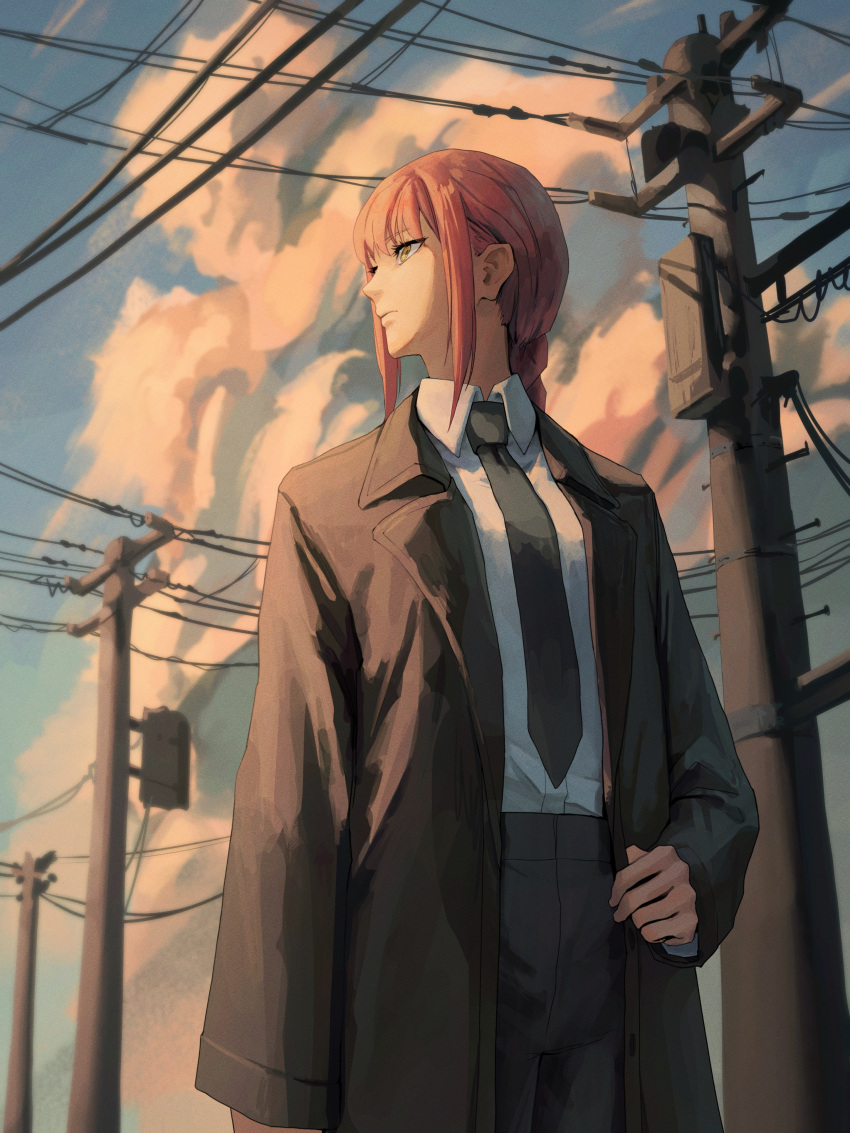 1girl, absurdres, ao_desu2222, black_coat, black_necktie, braid, braided_ponytail, chainsaw_man