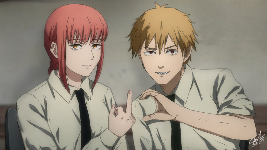 1boy, 1girl, bangs, black_necktie, blonde_hair, blurry, blurry_background, braid