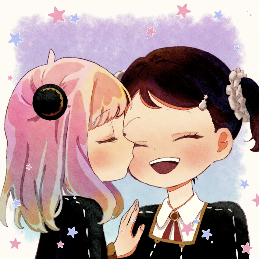 2girls, anya_(spy_x_family), artist_request, becky_blackbell, blush, brown_hair, check_artist, closed_eyes