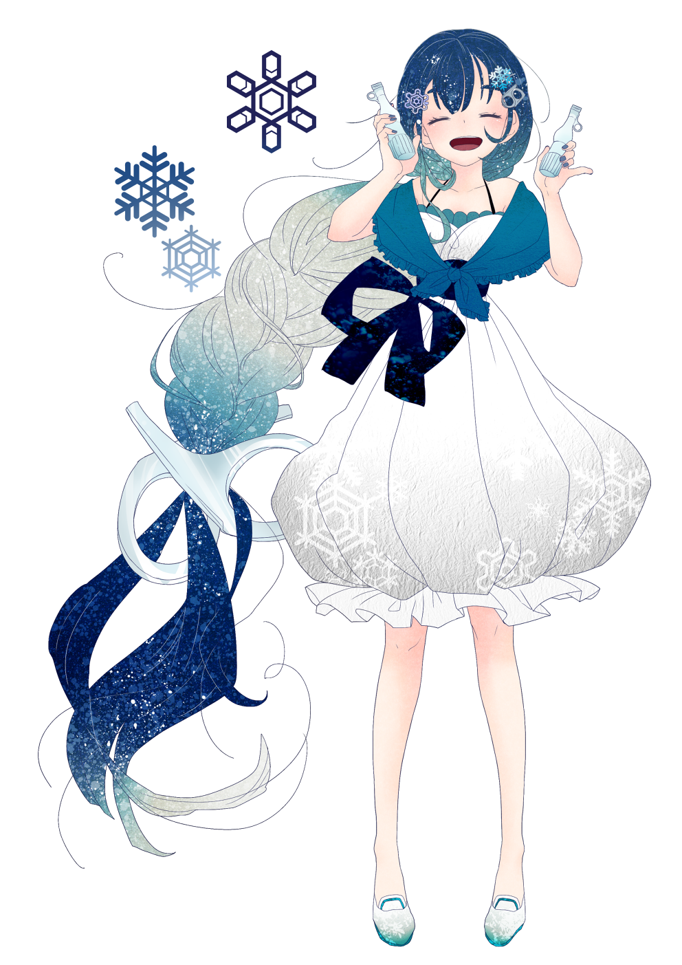 1girl, :d, bangs, blue_hair, blush, bottle, braid, bubble_skirt