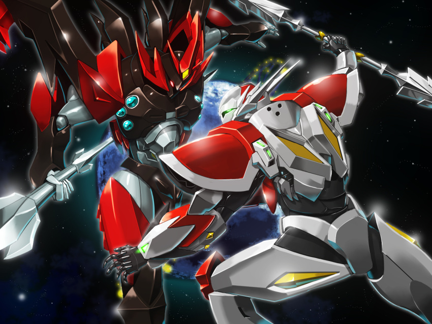 armor, d-boy, earth_(planet), holding, holding_weapon, lance, moyashi_(karamisouma), planet
