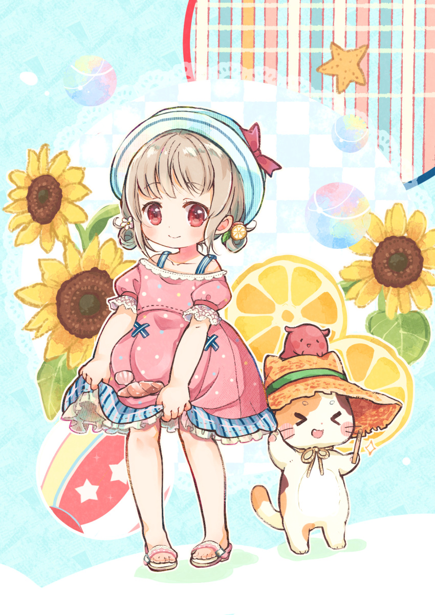 1girl, ball, bangs, beachball, blush, brown_hair, bubble, calico
