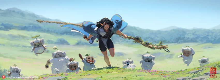 1girl, :d, black_eyes, black_hair, bodysuit, bodysuit_under_clothes, day, fantasy