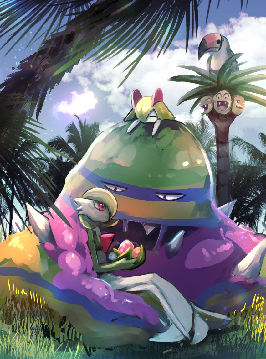 2girls, ^_^, alolan_exeggutor, alolan_muk, bangs, berry_(pokemon), bird, black_eyes