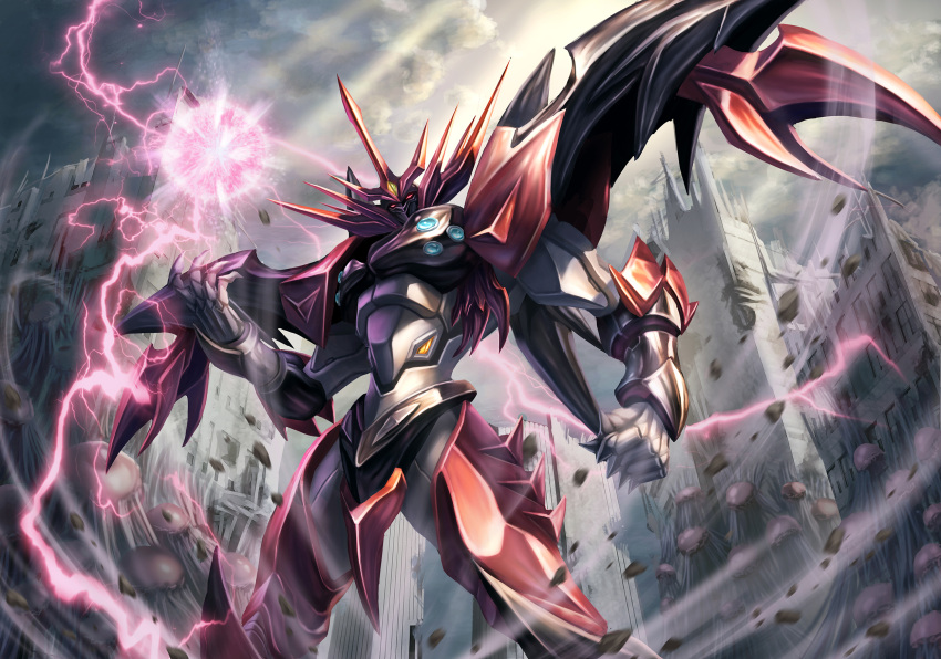 armor, cityscape, energy_ball, exoskeleton, highres, holding, mecha, power_armor