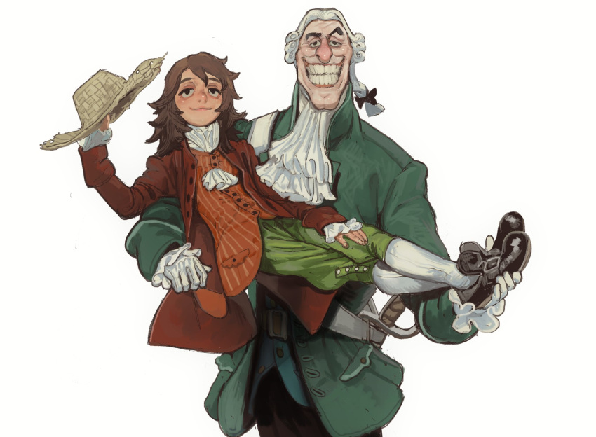 1boy, 1girl, ascot, black_footwear, black_pants, brown_hair, carrying, character_request, closed_mouth, david_livesey, green_jacket, green_pants, hat, highres, holding, holding_clothes, holding_hat, jacket, long_sleeves, looking_back, mossacannibalis, pants, red_jacket, red_shirt, shirt, simple_background, smile, socks, teeth, treasure_island, treasure_island_(1988), white_ascot, white_background, white_hair, white_socks