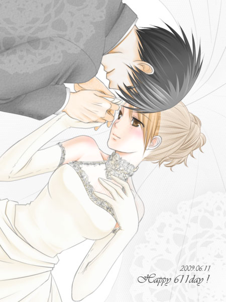 1boy, 1girl, bangs, black_hair, blonde_hair, blush, breasts, bridal_veil