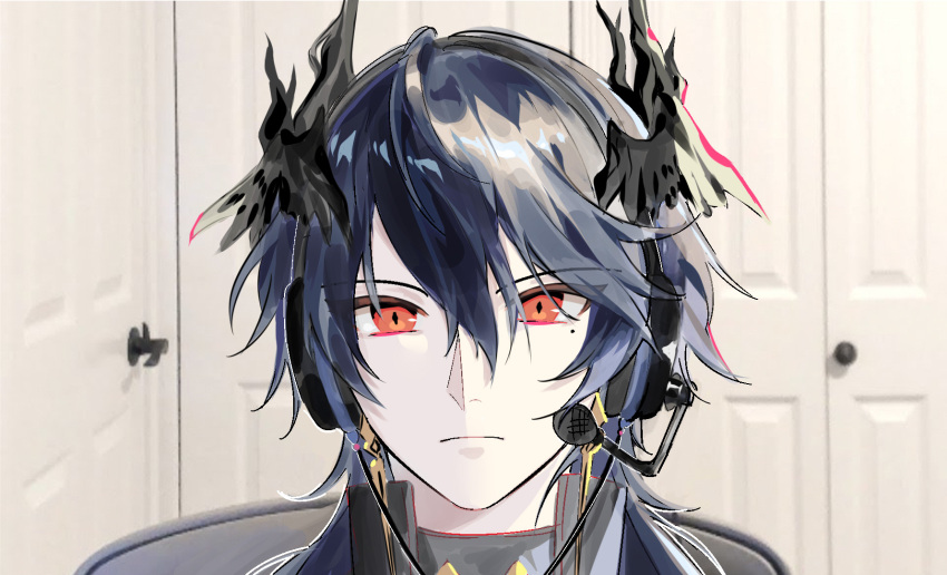 1boy, arknights, blank_stare, chair, closed_mouth, demon_horns, door, door_handle