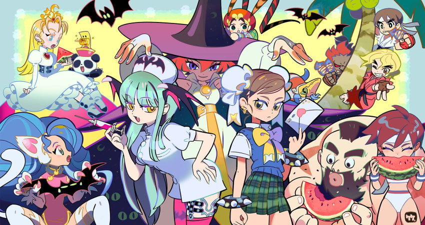 4boys, 6+girls, akuma_(street_fighter), alternate_costume, animal, animal_ears, artist_logo, bangs, bat_(animal), blonde_hair, blue_eyes, blue_hair, cat_ears, cat_girl, cat_tail, chibi, chinese_clothes, chun-li, cowboy_shot, crown, cyberbots, devilot_de_deathsatan_ix, double_bun, dress, eating, eyelashes, felicia_(vampire), fingernails, food, forehead, fried_squid, fruit, full_body, green_hair, hair_bun, hand_on_hip, hat, headband, highres, holding, holding_animal, holding_letter, holding_syringe, kasugano_sakura, ken_masters, letter, long_hair, love_letter, morrigan_aensland, multiple_boys, multiple_girls, nail_polish, nool, nurse, nurse_cap, official_art, palm_tree, puffy_sleeves, redhead, ryu_(street_fighter), street_fighter, swimsuit, syringe, tabasa, tail, take_(illustrator), tao_(warzard), tree, vampire_(game), violet_eyes, warzard, watermelon, white_dress, wizard_hat, yellow_eyes, zangief