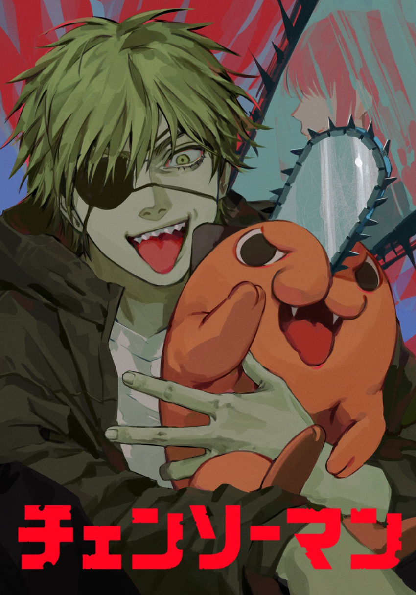 1boy, blonde_hair, chainsaw, chainsaw_man, coat, denji_(chainsaw_man), eyepatch, fang