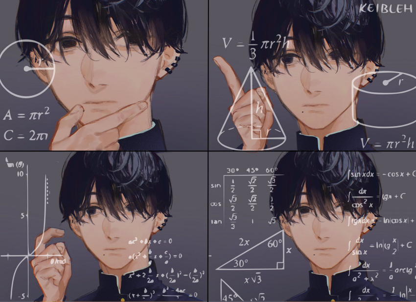 1boy, artist_name, bangs, black_hair, chainsaw_man, ear_piercing, earrings, grey_background, hair_over_eyes, highres, jewelry, keibleh, math, math_lady_(meme), meme, mole, mole_under_mouth, piercing, school_uniform, simple_background, solo, thinking, yoshida_hirofumi