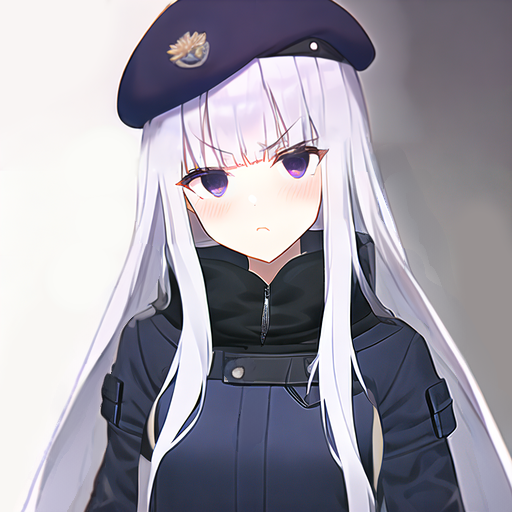 ai-generated, annoyed, beret, hat, jacket, long_hair, non-web_source, purple_beret, purple_jacket, serious, tamaki_shion, violet_eyes, white_hair