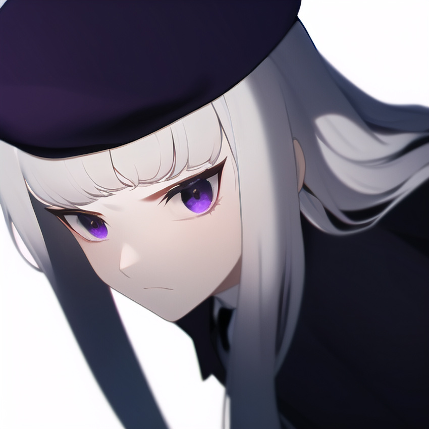 beret, from_side, hat, highres, jacket, long_hair, non-web_source, purple_beret, purple_jacket, serious, tamaki_shion, white_hair
