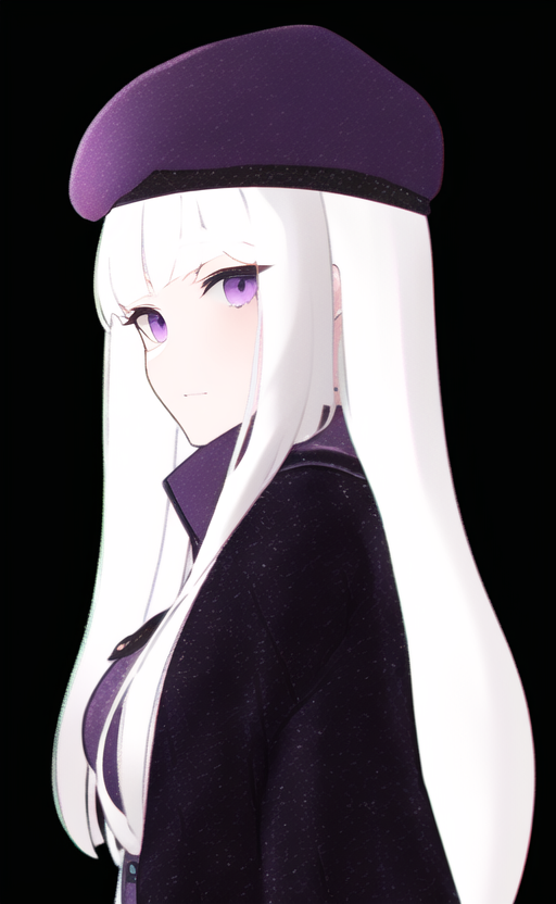 ai-generated, beret, from_side, hat, jacket, non-web_source, purple_beret, purple_jacket