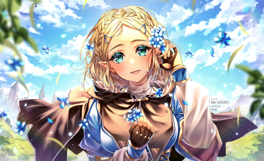 1girl, aqua_eyes, artist_name, blonde_hair, blurry, blurry_foreground, braid, brown_coat