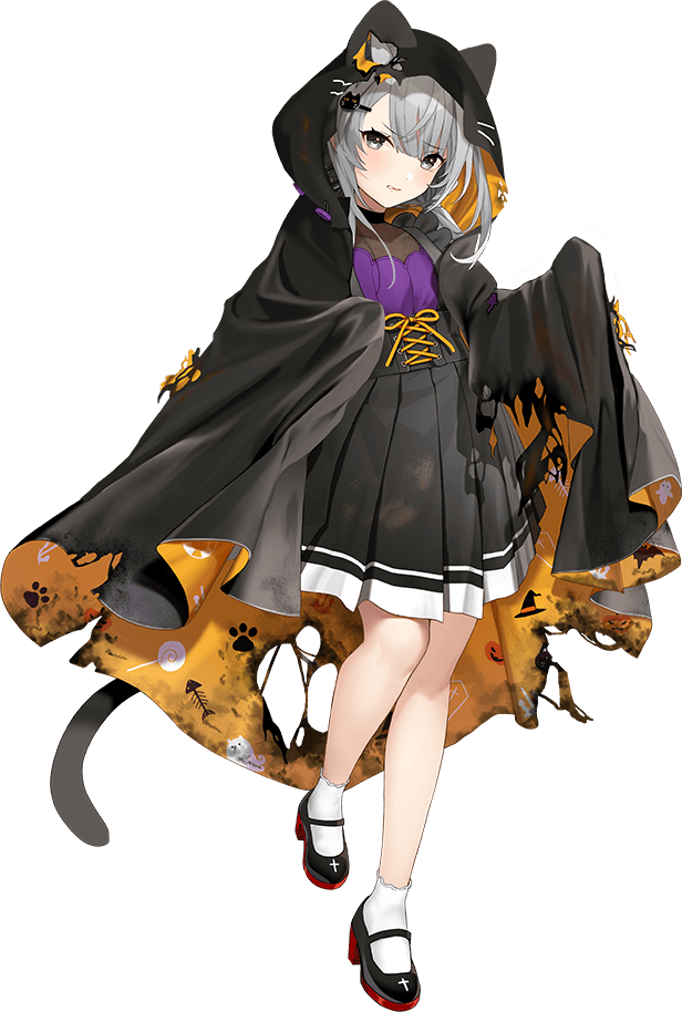 1girl, animal_costume, animal_ears, animal_hood, animal_print, black_dress, cape, cat_costume, cat_ears, cat_hood, cat_print, cat_tail, dress, frilled_skirt, frills, full_body, grey_eyes, grey_hair, halloween_costume, hood, hoshiakari_(c2_kikan), i-201_(kancolle), jack-o'-lantern, jack-o'-lantern_print, kantai_collection, long_hair, mary_janes, official_art, shoes, skirt, tail, torn_clothes