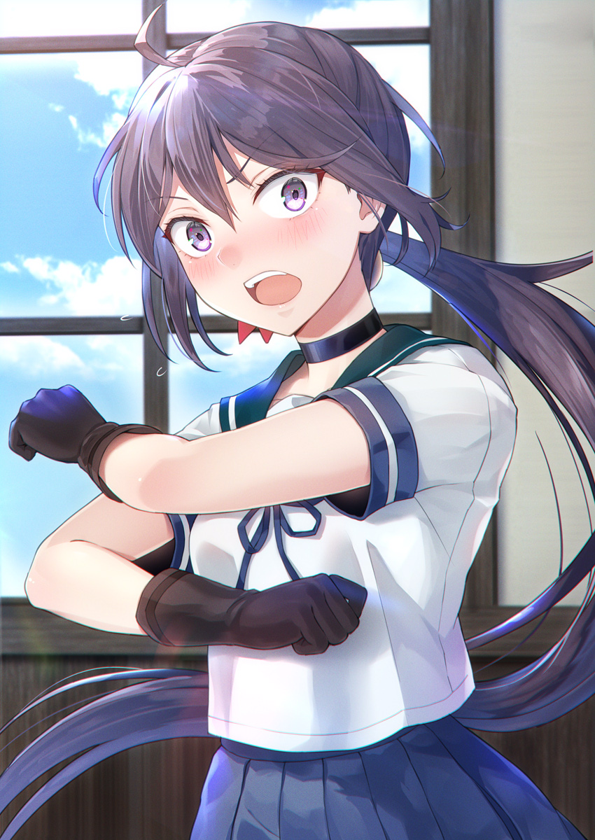 1girl, ahoge, akebono_(kancolle), akebono_kai_ni_(kancolle), black_gloves, blue_skirt, blush, flower