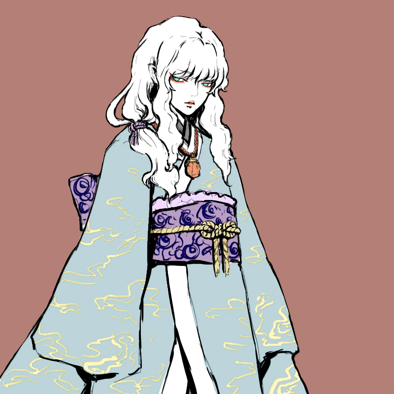 1boy, androgynous, behelit, berserk, blue_kimono, facing_viewer, griffith_(berserk), japanese_clothes