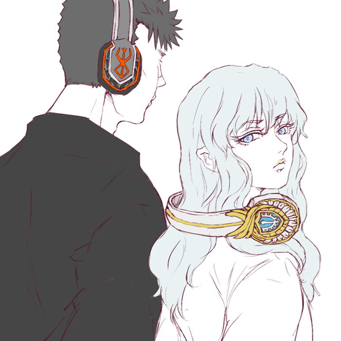2boys, androgynous, berserk, black_hair, black_shirt, blue_eyes, brand_of_sacrifice, contemporary