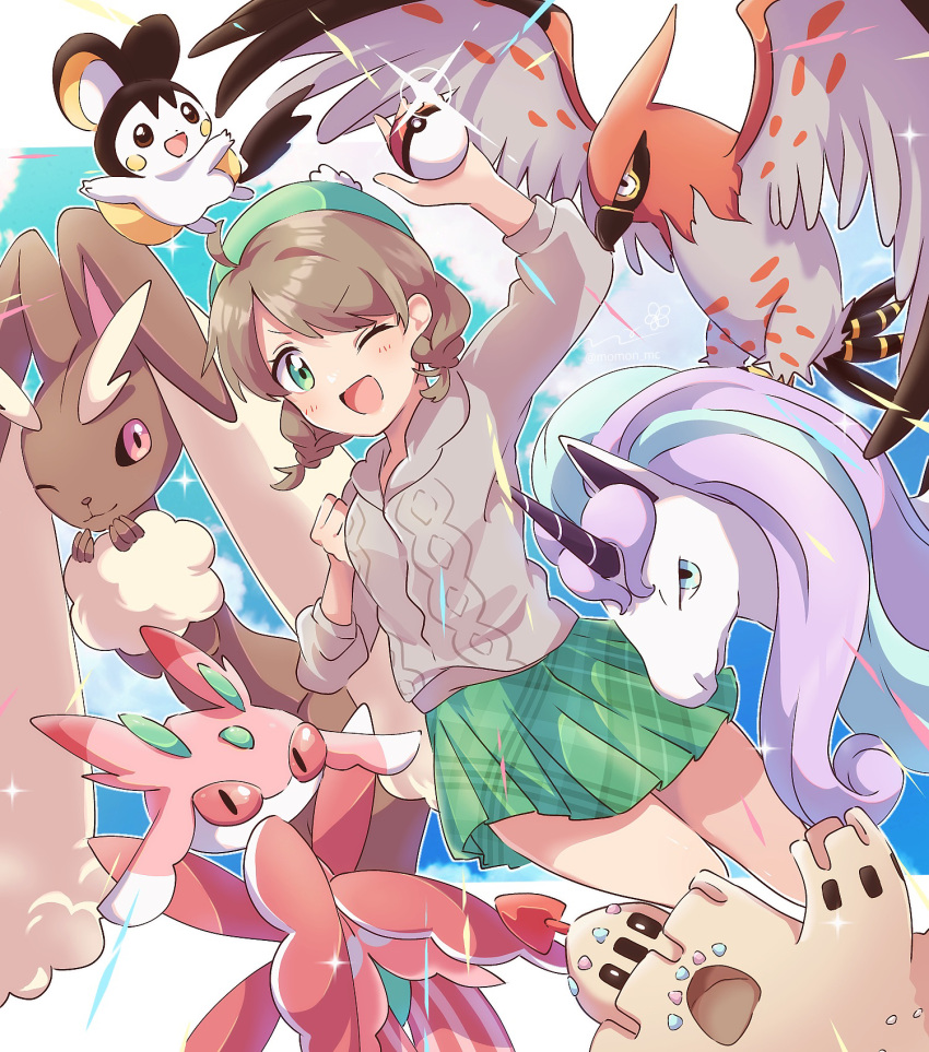 1girl, ;d, ahoge, animal_ears, bangs, blue_eyes, body_fur, border, brown_fur, brown_hair, clenched_hand, clouds, commentary, dutch_angle, emolga, forehead, frilled_skirt, frills, furry, galarian_rapidash, gloria_(pokemon), green_eyes, green_headwear, green_skirt, highres, holding, looking_at_viewer, lopunny, lurantis, momon_mc, one_eye_closed, open_mouth, palossand, parted_bangs, pink_eyes, pleated_skirt, poke_ball, pokemon, pokemon_(creature), pokemon_(game), pokemon_swsh, rabbit_ears, red_eyes, shadow, skirt, sky, smile, solo, sparkle, talonflame, two-tone_fur, v-shaped_eyebrows, white_border, yellow_fur