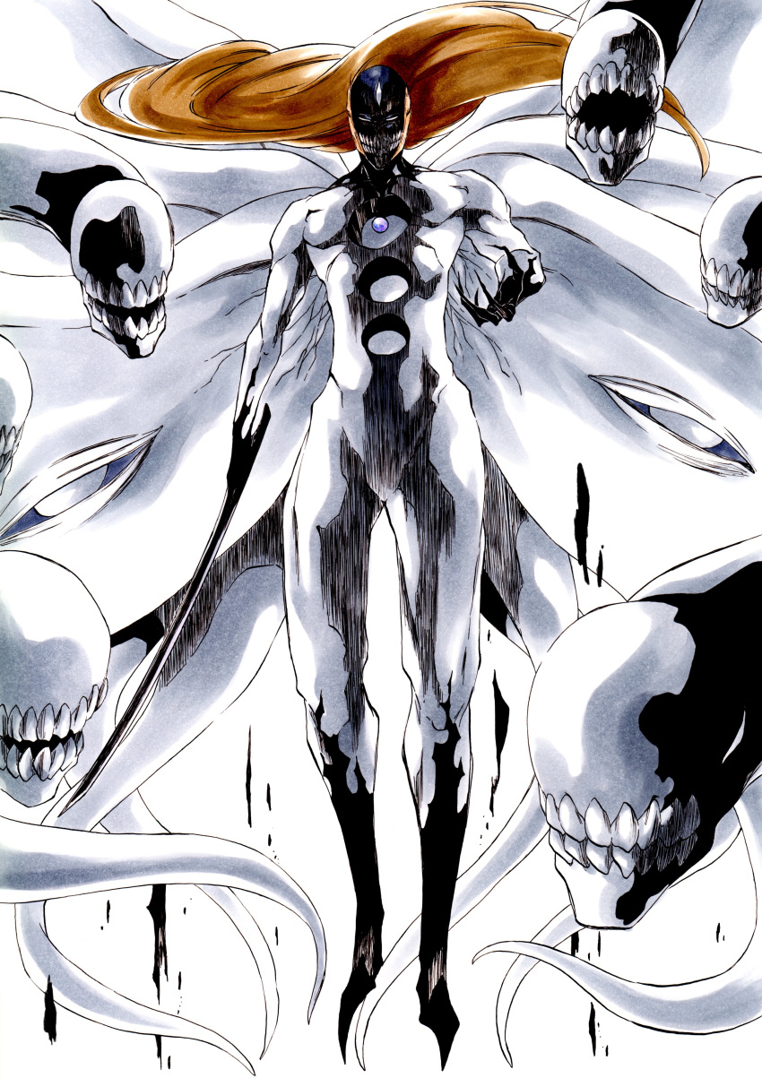 1boy, absurdres, aizen_sousuke, bleach, brown_hair, facing_viewer, highres, hogyoku_(bleach), holding, holding_sword, holding_weapon, ken'ichi_(ken1ro_u), long_hair, looking_at_viewer, male_focus, multiple_wings, seraph, sharp_teeth, solo, solo_focus, sword, teeth, tentacles, weapon, wings