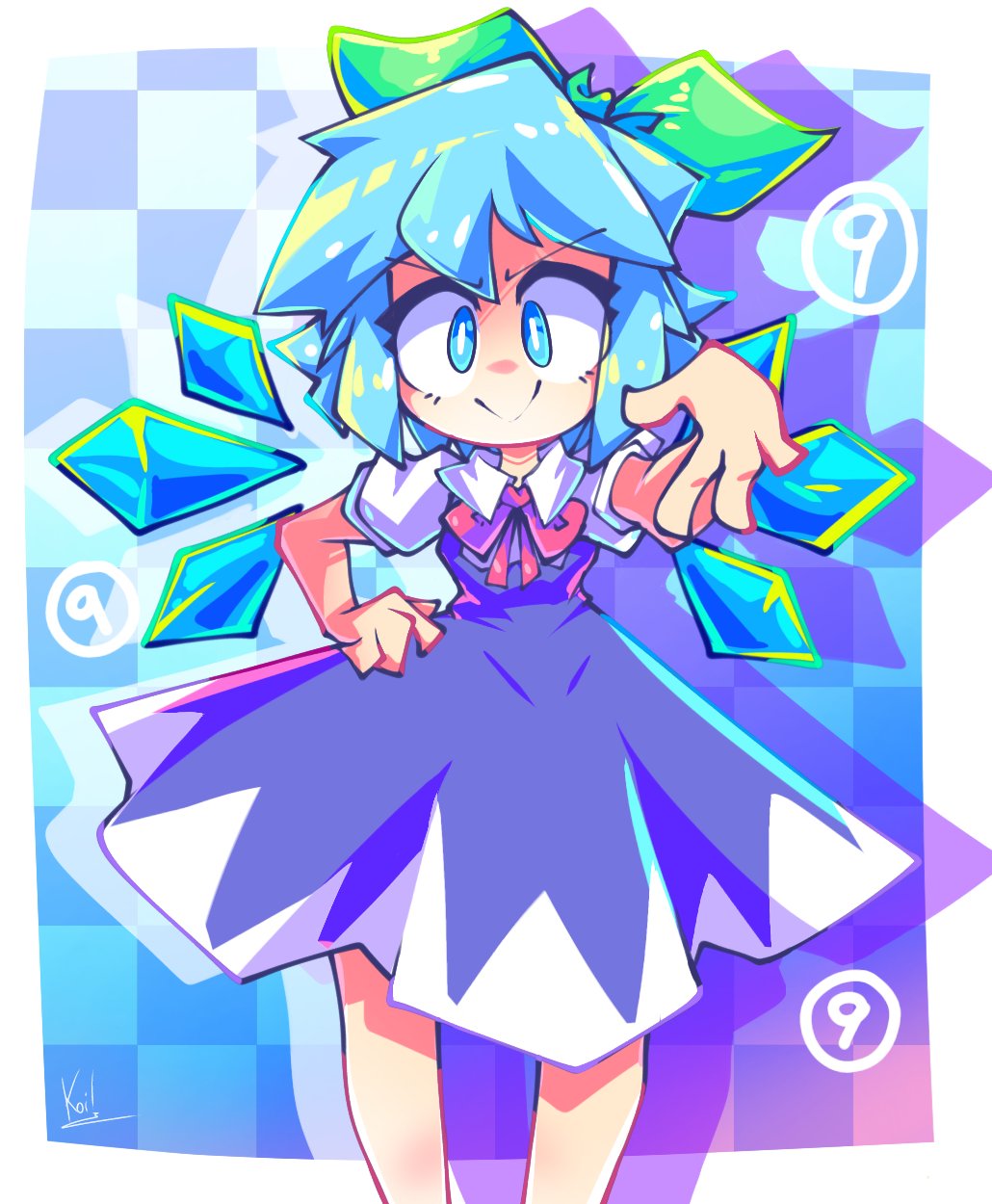 1girl, blue_dress, blue_hair, blue_pupils, cirno, colored_skin, crystal, detached_wings, dress, green_ribbon, highres, red_ribbon, ribbon, simple_background, sir_koi, smile, touhou, white_skin, wings