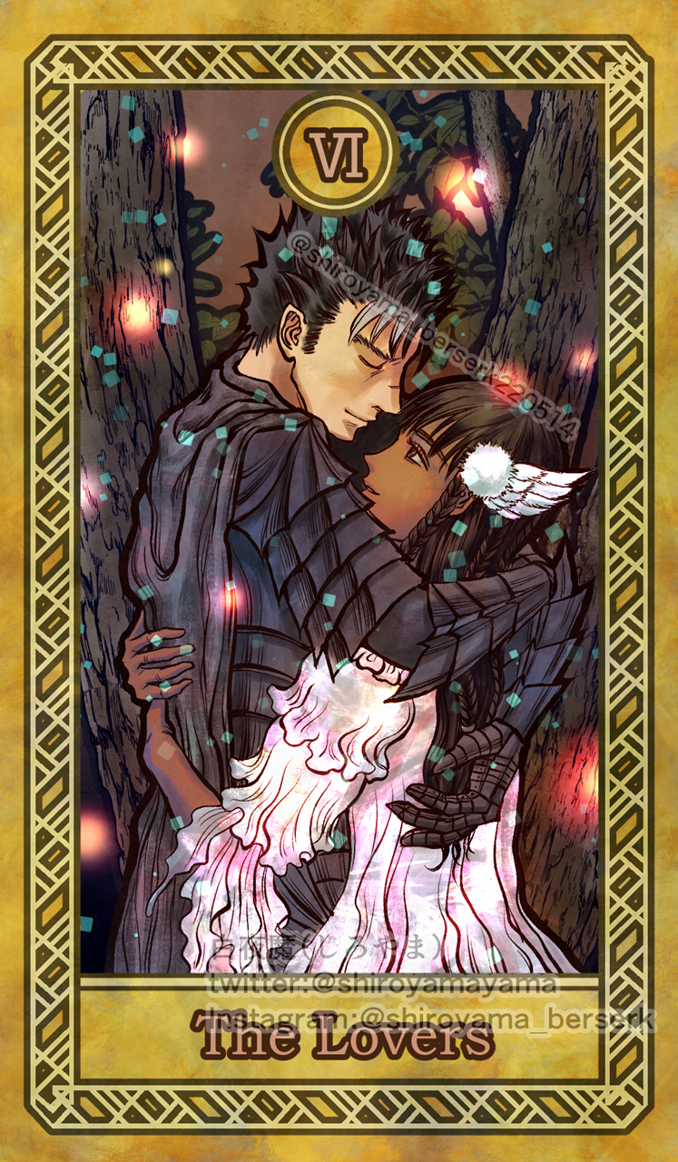 1boy, 1girl, armor, berserk, black_hair, brown_hair, casca_(berserk), dark-skinned_female, dark_skin, guts_(berserk), highres, hug, long_hair, short_hair, tarot, the_lovers_(tarot), user_cxxy8358, wing_hair_ornament