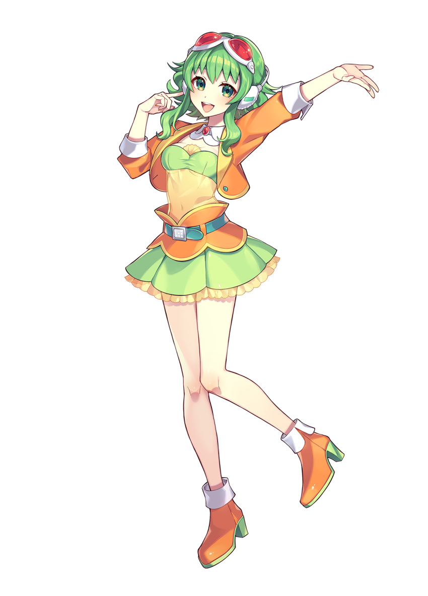1girl, arm_up, bare_legs, belt, brooch, frilled_skirt, frills, full_body, goggles, goggles_on_head, green_eyes, green_hair, green_skirt, green_tube_top, gumi, gumi_(ai_megpoid), hand_in_own_hair, hand_up, headphones, high_heels, highres, jacket, jewelry, layered_skirt, looking_at_viewer, medium_hair, nou_(nounknown), official_art, open_mouth, orange_footwear, orange_jacket, orange_skirt, outstretched_arm, pleated_skirt, red_goggles, shirt, sidelocks, skirt, smile, solo, strapless, teeth, third-party_edit, third-party_source, transparent_background, tube_top, upper_teeth_only, vocaloid, yellow_shirt