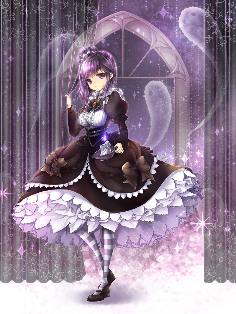 1girl, bad_id, bad_pixiv_id, bangs, black_dress, blackberry_cookie, bow, brooch