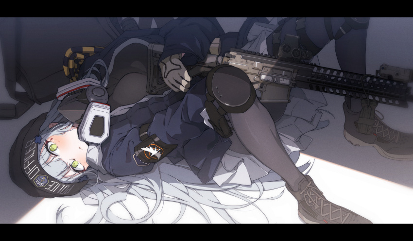 agent_416_(girls'_frontline), armband, assault_rifle, black_pantyhose, boots, facial_mark, girls_frontline, green_eyes, grey_hair, gun, h&amp;k_hk416, highres, hk416_(girls'_frontline), jacket, knee_pads, long_hair, lying, mask, mask_around_neck, on_back, p416, pantyhose, plaid, plaid_skirt, respirator, rifle, skirt, tai_san_ps4, teardrop, teardrop_tattoo, thigh_strap, tom_clancy's_the_division, weapon, woollen_cap
