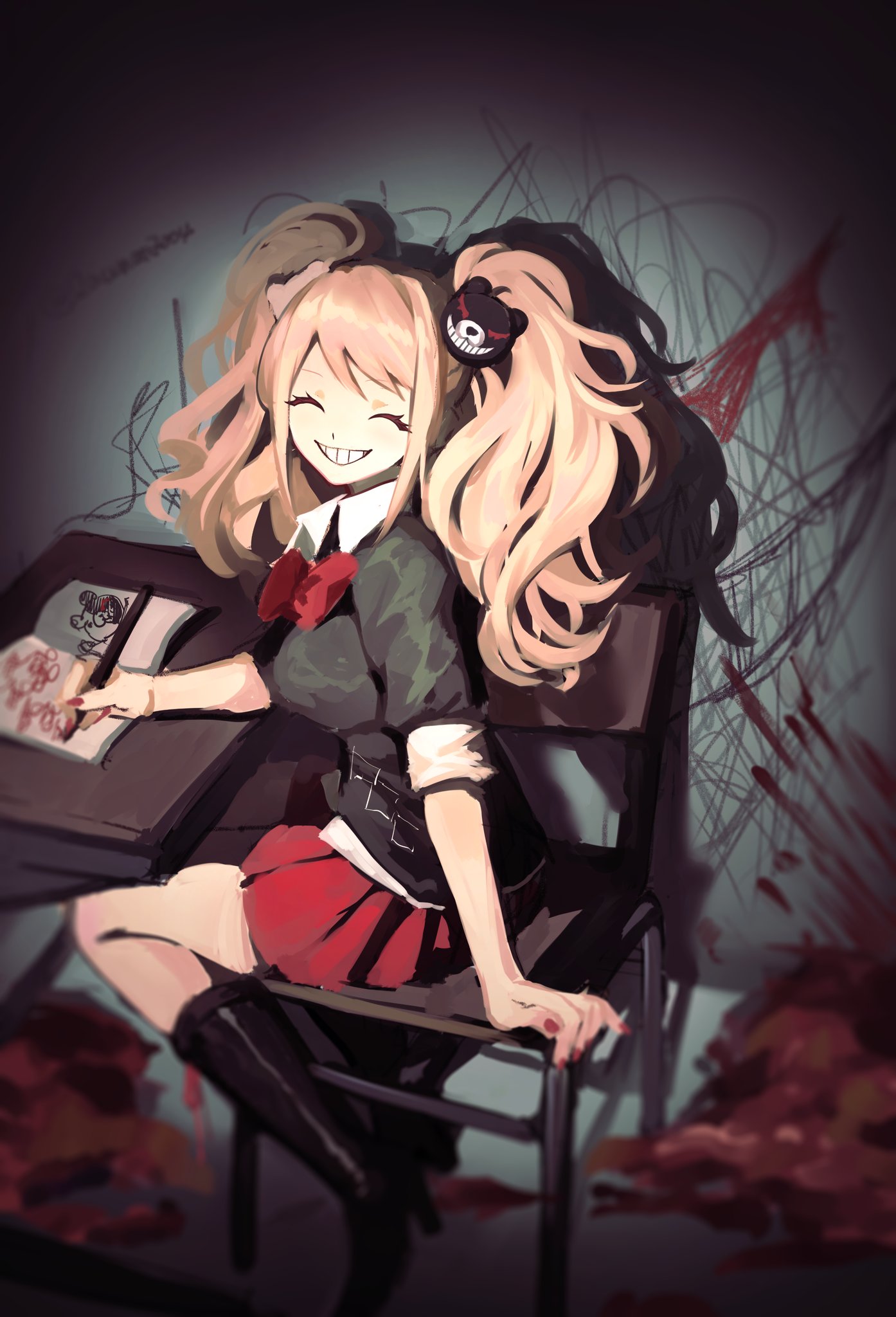 1girl, bangs, bear_hair_ornament, black_footwear, black_shirt, blood, boots, bow, bowtie, breasts, chair, closed_eyes, collared_shirt, danganronpa:_trigger_happy_havoc, danganronpa_(series), desk, enoshima_junko, from_side, grin, hair_ornament, highres, knee_boots, large_breasts, liang_cun_rakuna, miniskirt, monokuma, red_bow, red_bowtie, red_skirt, shiny, shiny_hair, shirt, short_sleeves, skirt, smile, solo, teeth, twintails