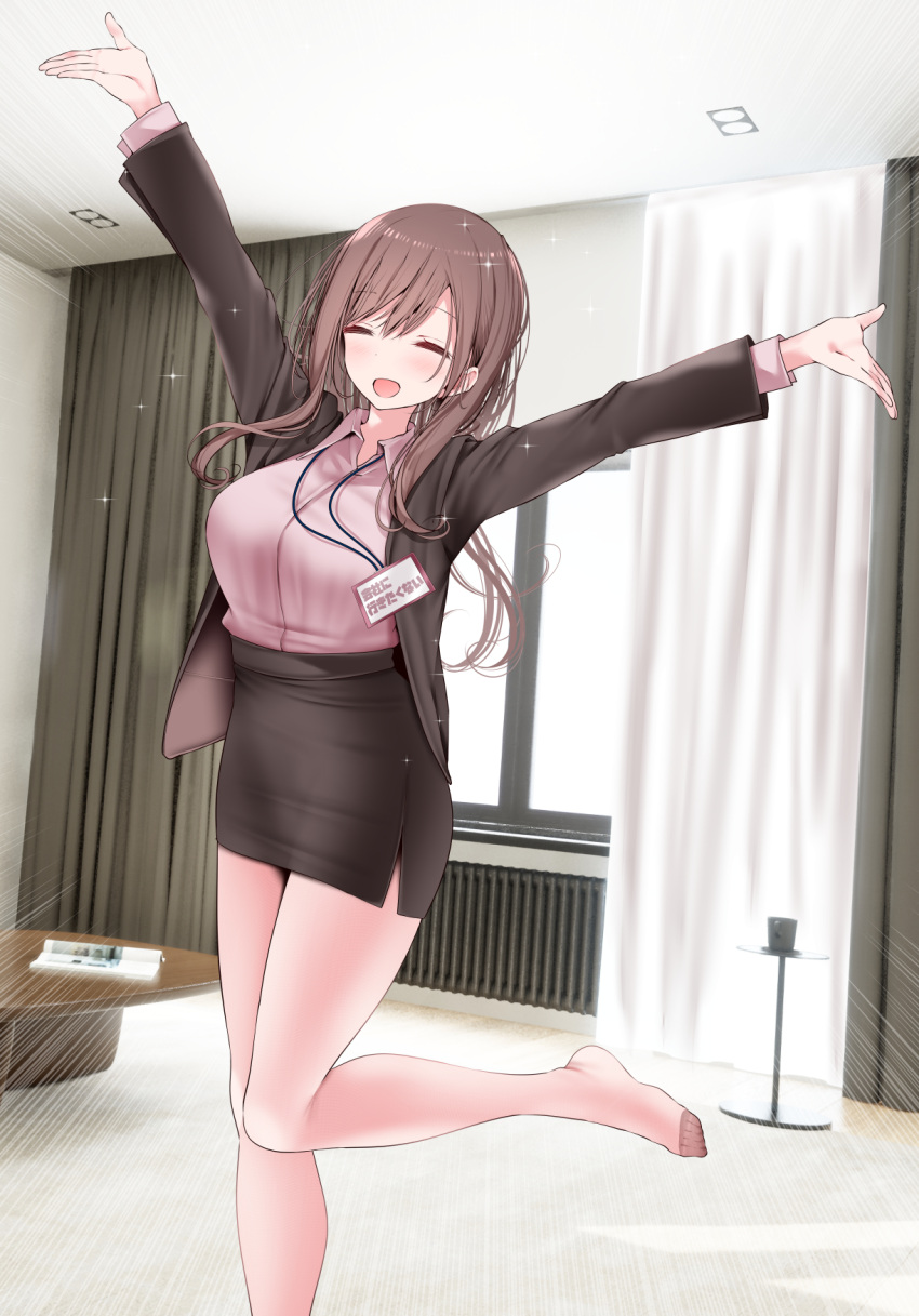 1girl, arms_up, bangs, black_jacket, black_skirt, blazer, blush, brown_hair