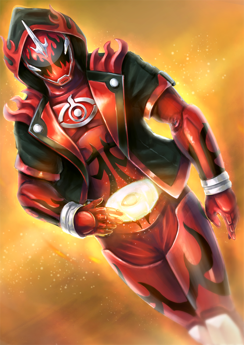 1boy, aki7, aura, black_jacket, bodysuit, bug, cowboy_shot, driver_(kamen_rider), firefly, flame_print, ghost_driver, gloves, horns, jacket, kamen_rider, kamen_rider_ghost, kamen_rider_ghost_(series), looking_at_viewer, male_focus, mask, parka, powering_up, red_armor, red_bodysuit, red_gloves, rider_belt, single_horn, toucon_boost