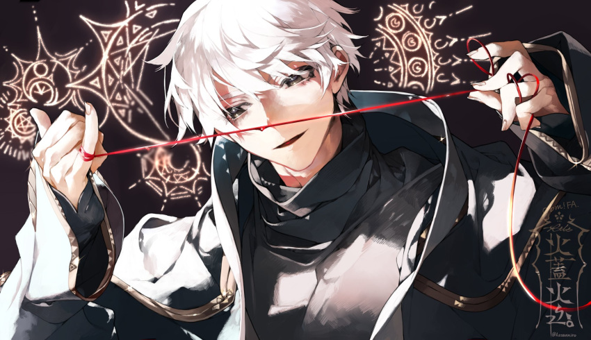 1boy, black_eyes, black_shirt, collared_jacket, commentary, fingernails, highres, kazanniro