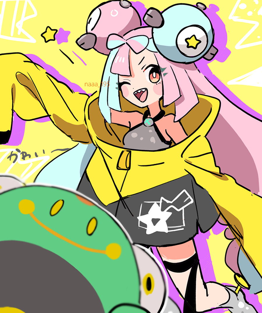 1girl, ;d, bellibolt, blush_stickers, boots, bright_pupils, character_hair_ornament, commentary_request