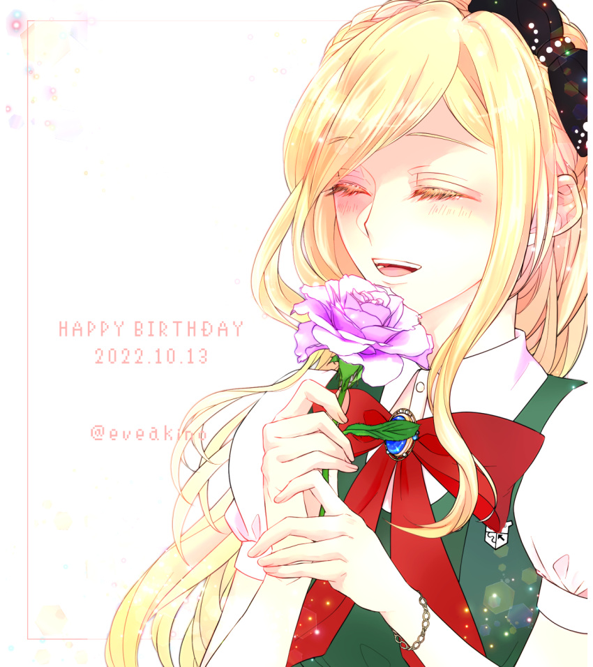 1girl, :d, akino_(eveplus), bangs, black_bow, blonde_hair, blush, bow, bowtie, bracelet, braid, closed_eyes, commentary_request, danganronpa_(series), danganronpa_2:_goodbye_despair, dated, dress, flower, gem, green_dress, hair_bow, happy_birthday, highres, holding, holding_flower, jewelry, long_hair, pink_flower, puffy_short_sleeves, puffy_sleeves, red_bow, red_bowtie, shirt, short_sleeves, smile, solo, sonia_nevermind, teeth, upper_body, upper_teeth, white_shirt